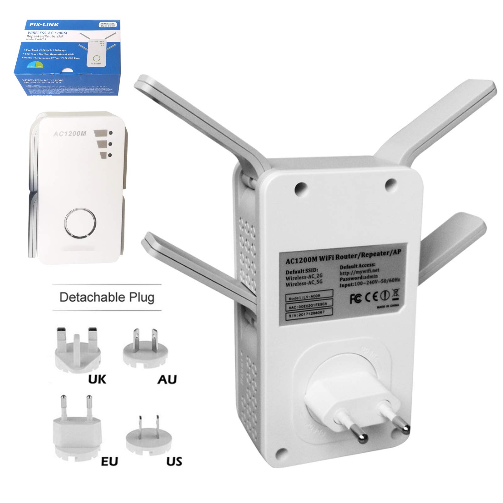 AIZYR 1200 Mbps Repetidor De Banda Dual Inalámbrico De CA/Amplificador De Rango Inalámbrico Ap Amplificador De Señal WiFi con 4 Antenas Externas Configuración De WPS Y Un Clic,Au Plug