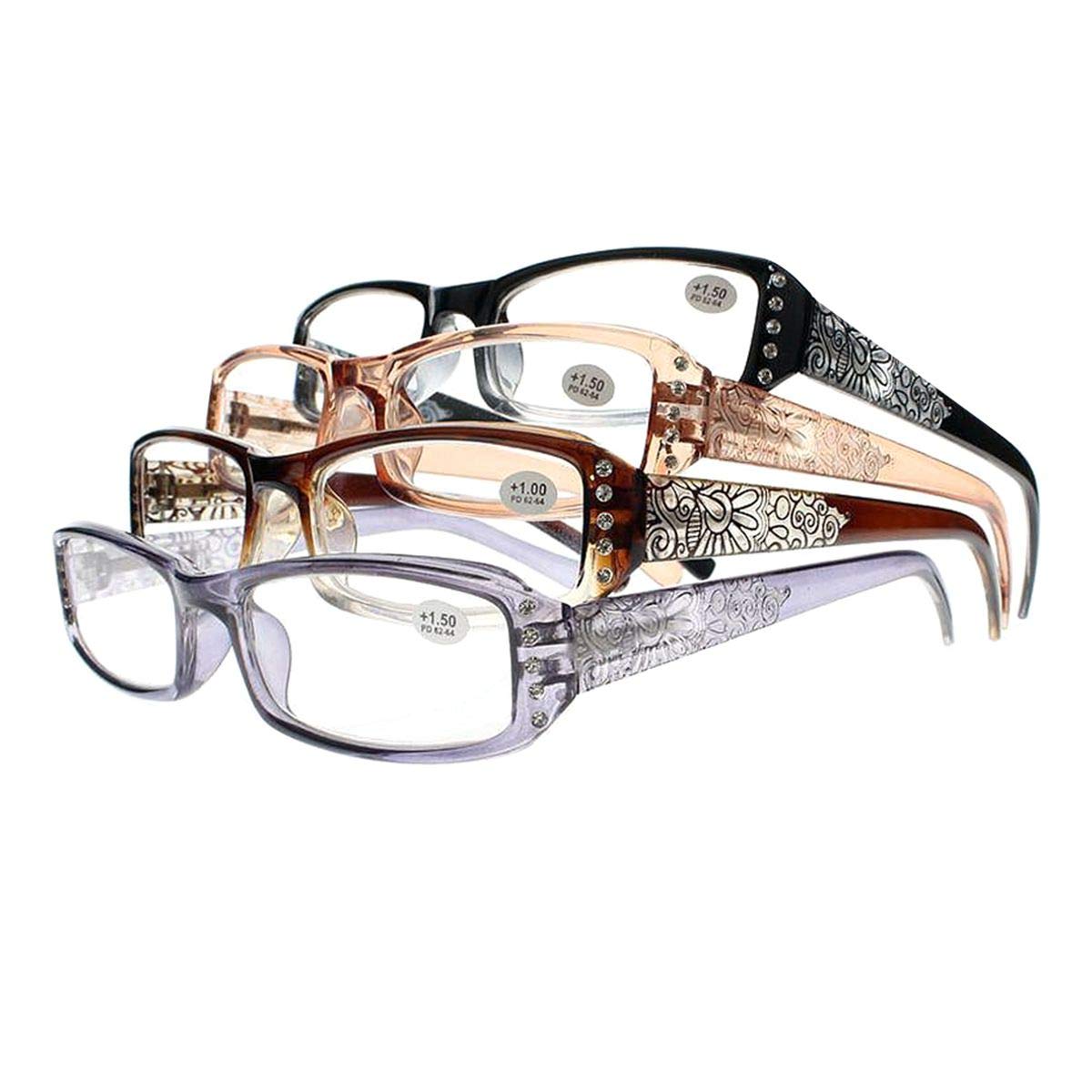 New Women's 4 Colors Spring Hinges Rhinestone Flowers Leaves Prints Reading Glass +1.0 ~ +4.0 (Set of 4 Colors, 2.5), Medium