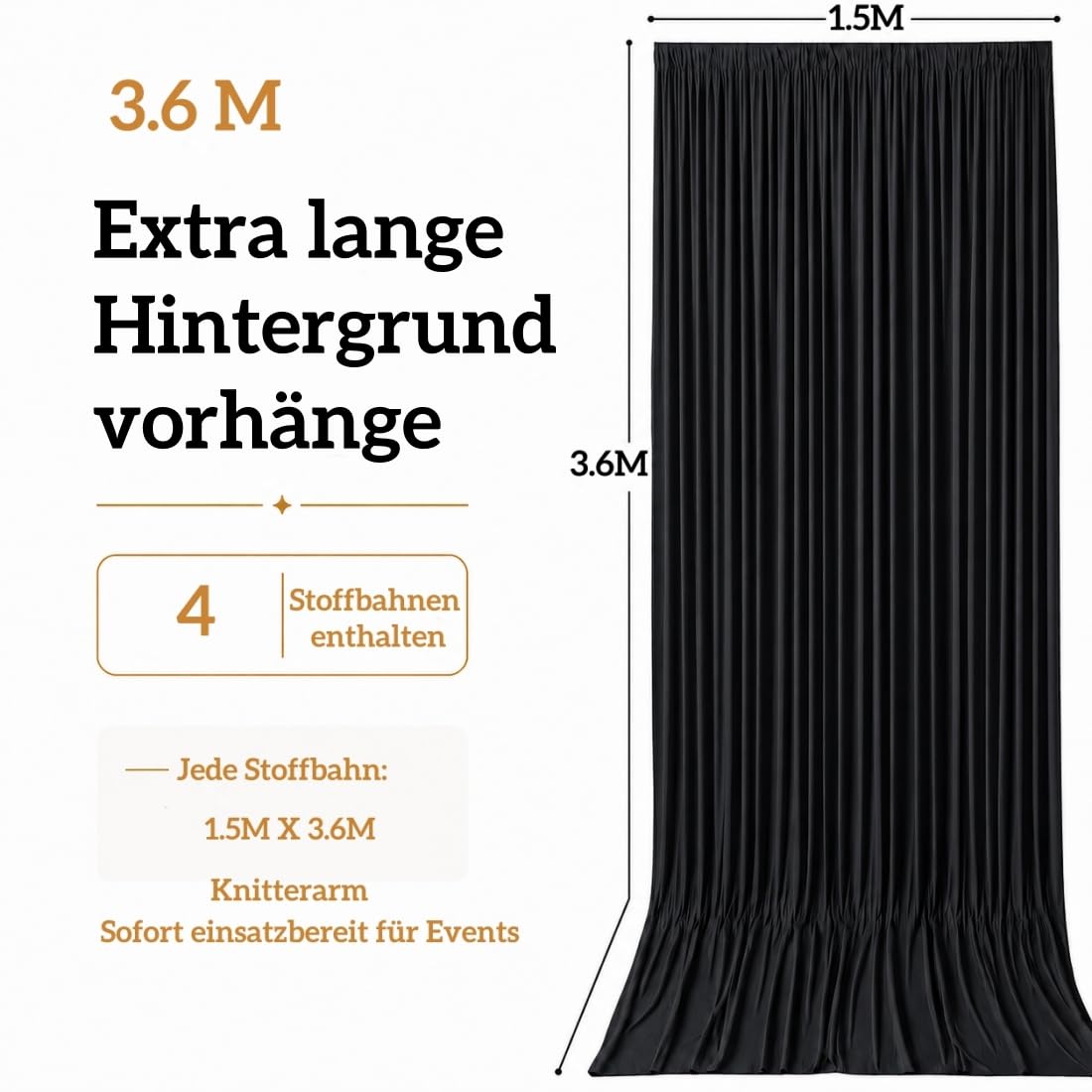6 × 3,6 m schwarzer Hintergrundvorhänge für Partys und Hochzeiten | 4 Vorhangpaneele, je 1,5 × 3,6 m, aus dickem Polyester, knitterarm, waschbar und wiederverwendbar, mit 10 cm Stangentasche