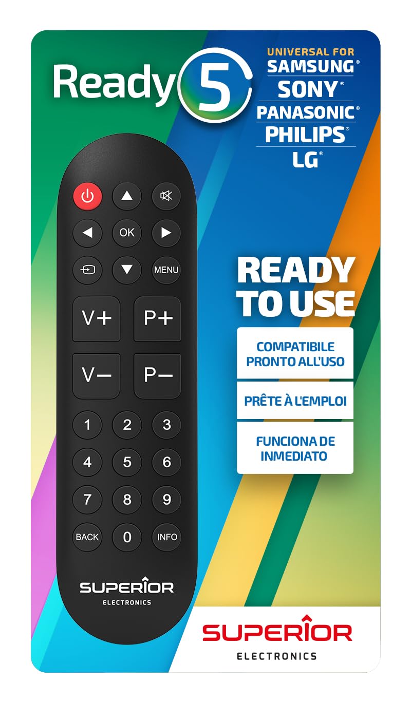 Superior Ready 5 – uniwersalny pilot do wszystkich telewizorów i telewizorów Smart TV – natychmiast gotowy do użycia z LG, Samsung, Sony, Panasonic, Philips, duże i łatwe w obsłudze przyciski – czarny