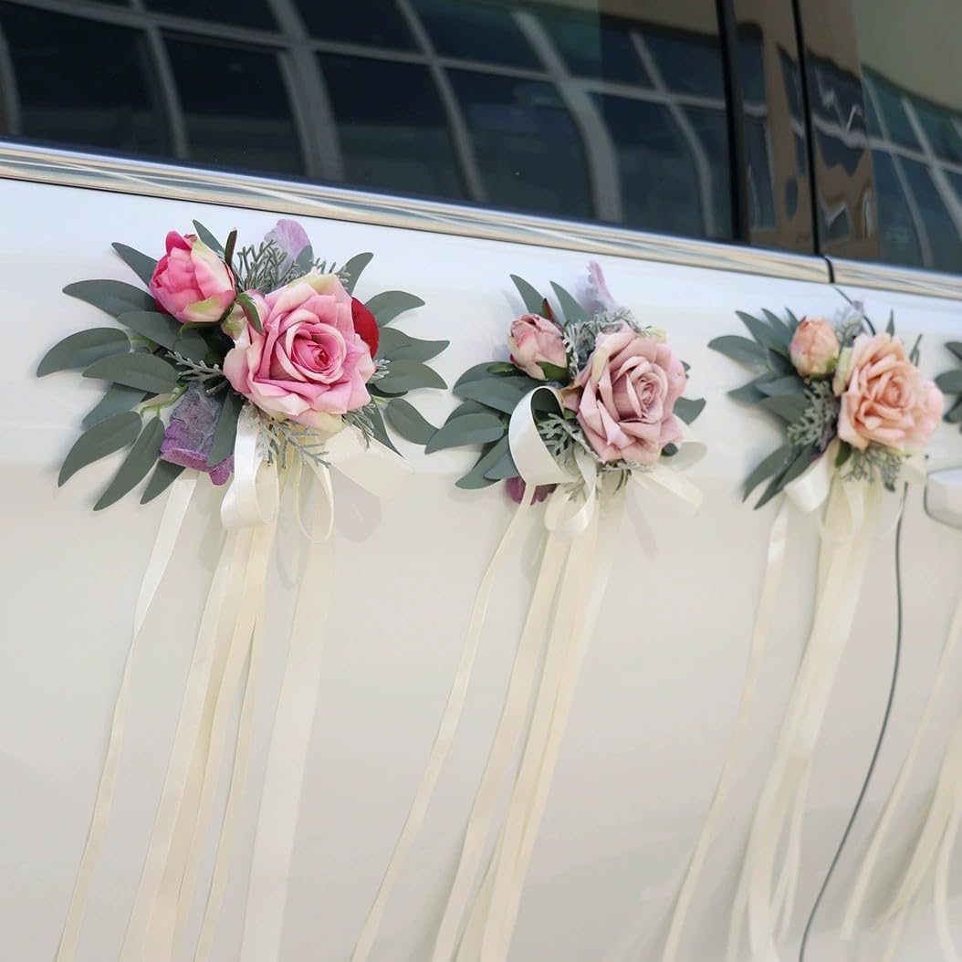 Autoschleifen Seidenblume Simulation Blume Schleife Autoschmuck Auto Car Türgriffleiste Rückspiegel Hochzeit Stuhl Zurück Dekoration Blumen für Kirche Hochzeitsauto Hochzeit Beerdigung Party Deko