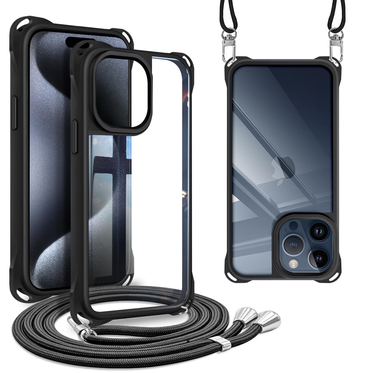 iPhone 15 Pro 用の ケース ショルダー ストラップ iPhone15Pro 用の カバー 斜めがけ 肩掛け 首掛け ハード アイフォン15プロ 用の スマホケース ブラック