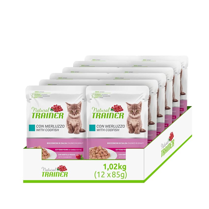 Natural Trainer Kitten & Young Cibo Umido per Gattino con Merluzzo - 12 Buste x 85 gr - 1020 gr