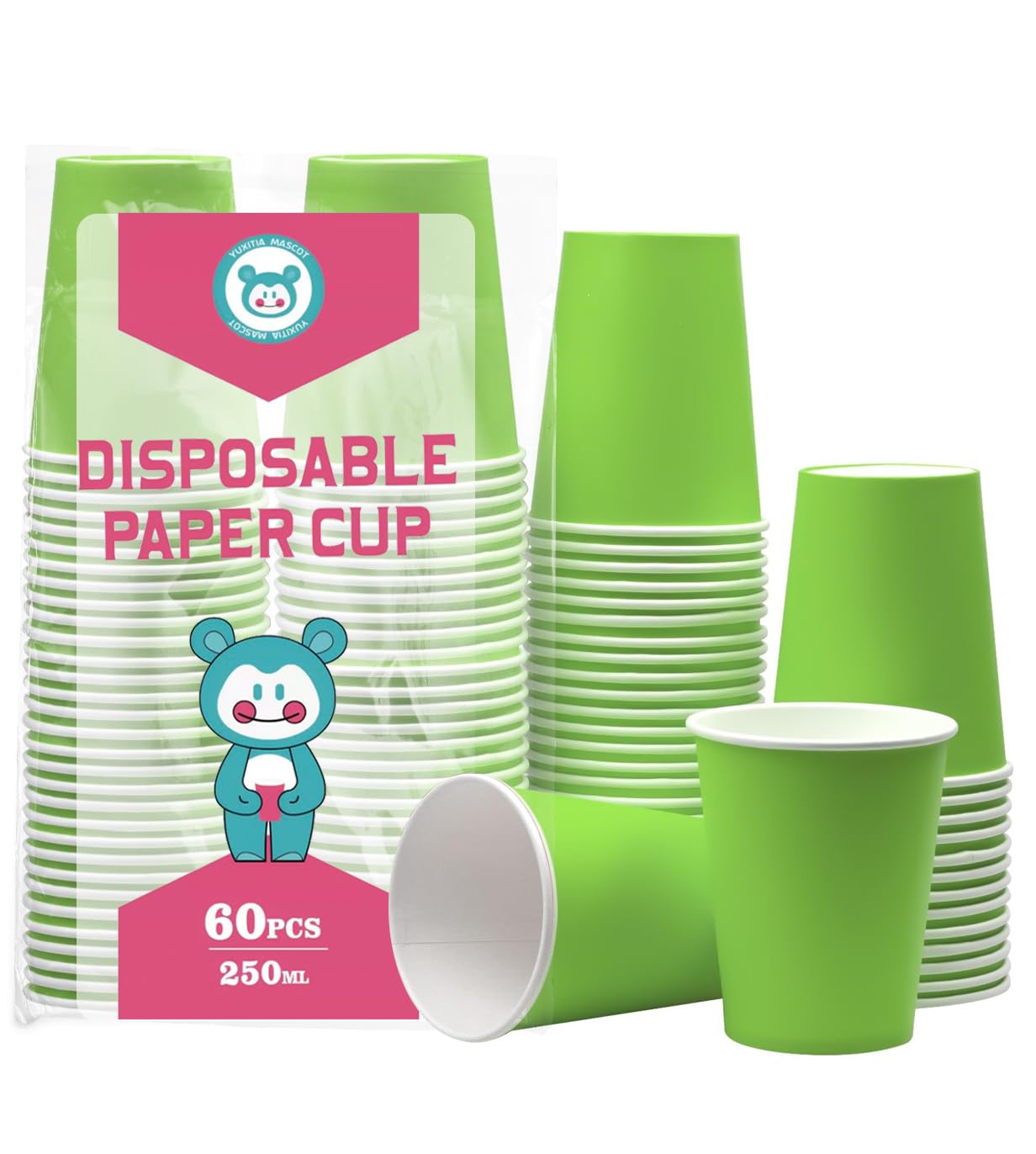 Yuxitia Silver Disposable Paper Cups, 60 Pack Silver Paper Cups for DIY, Weddings, Parties, Picnics, BBQs, Travel and Events, 8 fl oz (Silver) (Grass Green) โ image 1