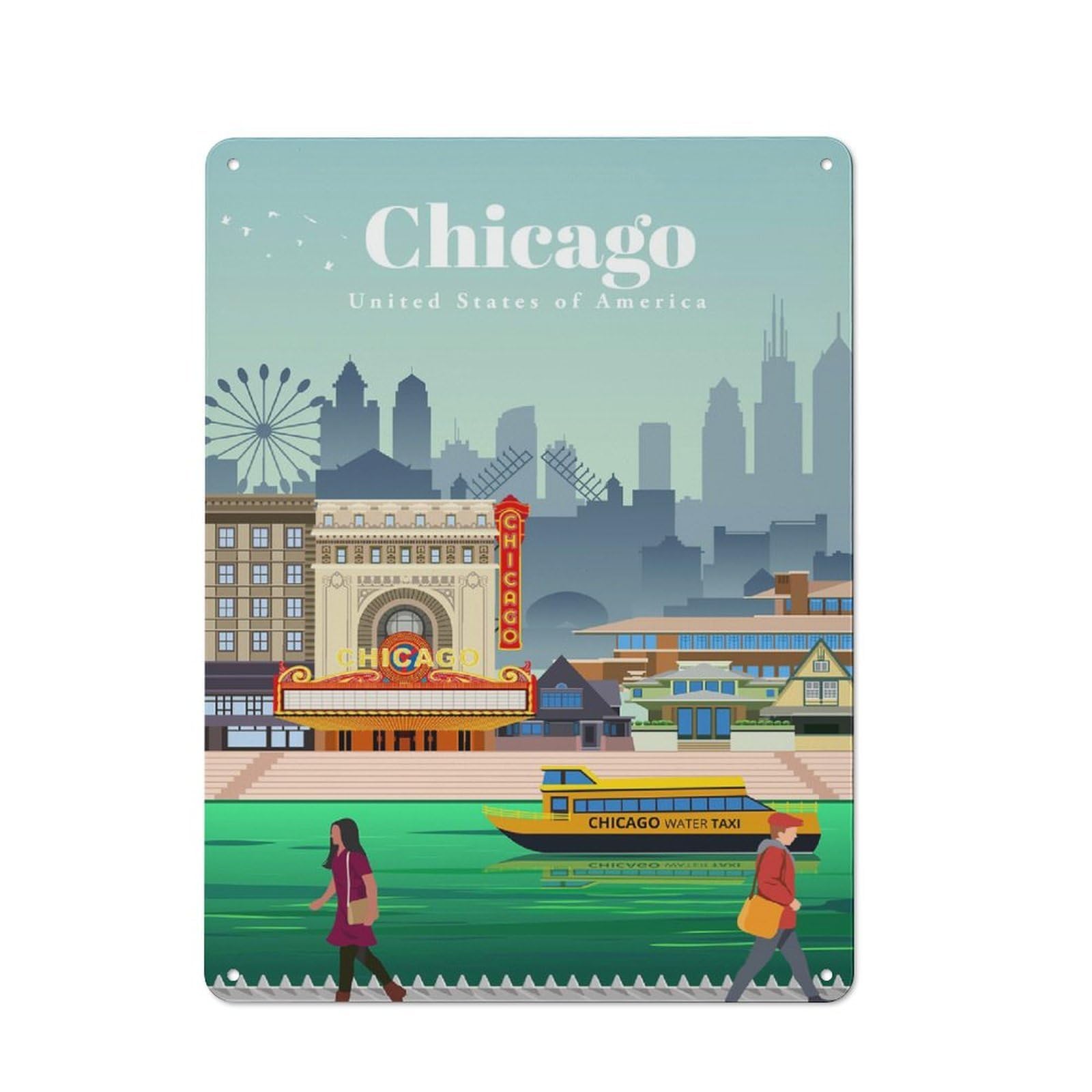 Junmoney Travel To Chicago Printed Tin Plaque, Home Decor Sign For Bar, Dining Room, Kitchen Or Game Room, Gift For Bar Lovers And Home Pub Fans, 40X30cm