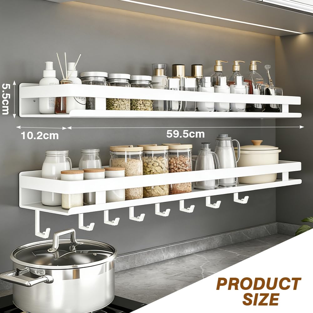 FARYODI Set di 2 portaspezie da parete senza fori, scaffale da cucina con 5 ganci, portaspezie da appendere, salvaspazio, elegante e stabile, facile da montare (bianco latte, 60 cm)