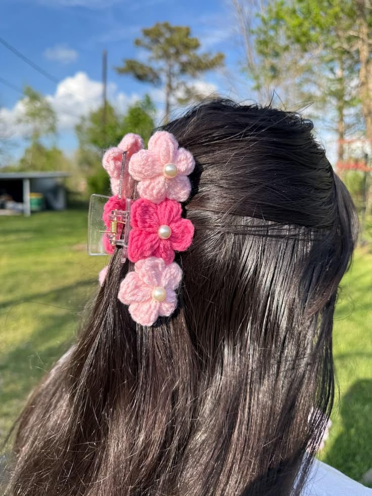Crochet Flower Claw Clip with Pearl Accents | Floral Design, Pearl Centre-image-4