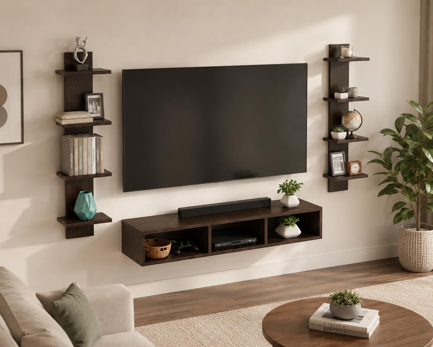FURNEASER Kyora Wall Mounted TV Unit for Living Room | TV Entertainment Center for TVs 32 to 55 Inch | Floating TV Stand with Storage Shelves & Set Top Box Rack | Wall Shelf for Living Room (Wenge)-image-46