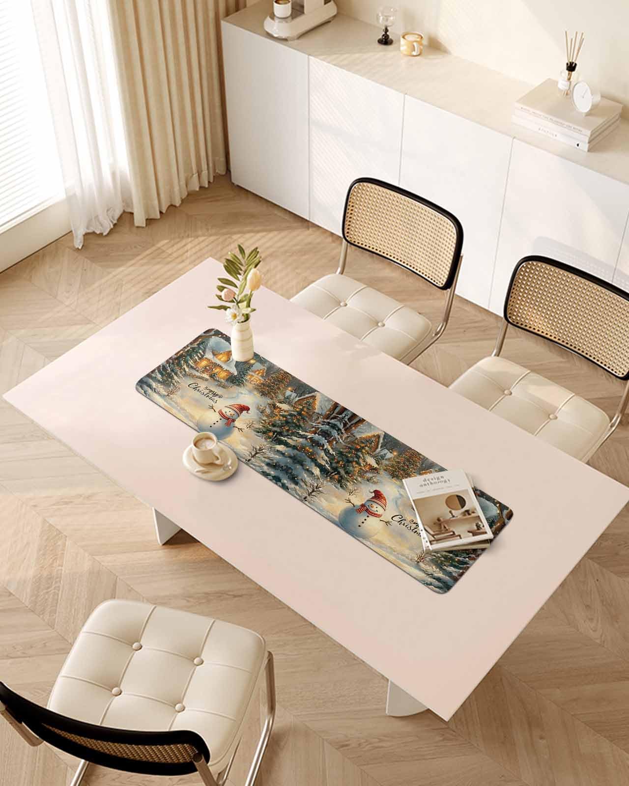Debedcor Heat Proof Table Pads Waterproof Decorative, Christmas Snowman Non-Slip Table Countertop Protector, Winter Xmas Trees Snow Scenery Insulation Mat for Kitchen Room, 40 x 12 Inches