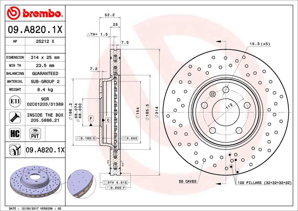 Brembo Xtra 09.A820.1X - Disco Freno Forato Anteriore, Set di 1