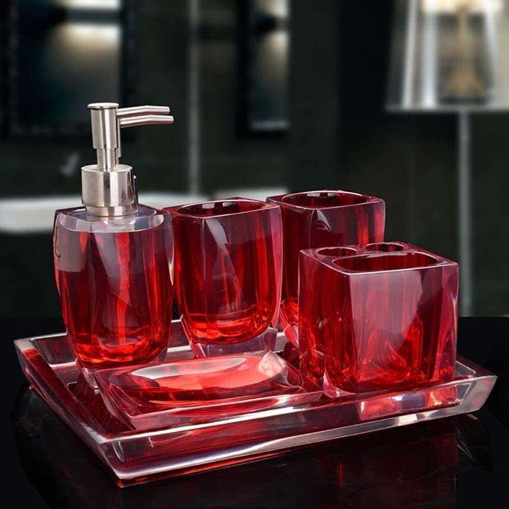 Bathroom Accessory Set 6 Piece Resin Bathroom Accessory Set Soap Dispensers/Toothbrush Holder/Glass/Tray/Soap Dish Set Sink Accessory Set European Fashion Bathroom wash (Color : Pink) (Red)