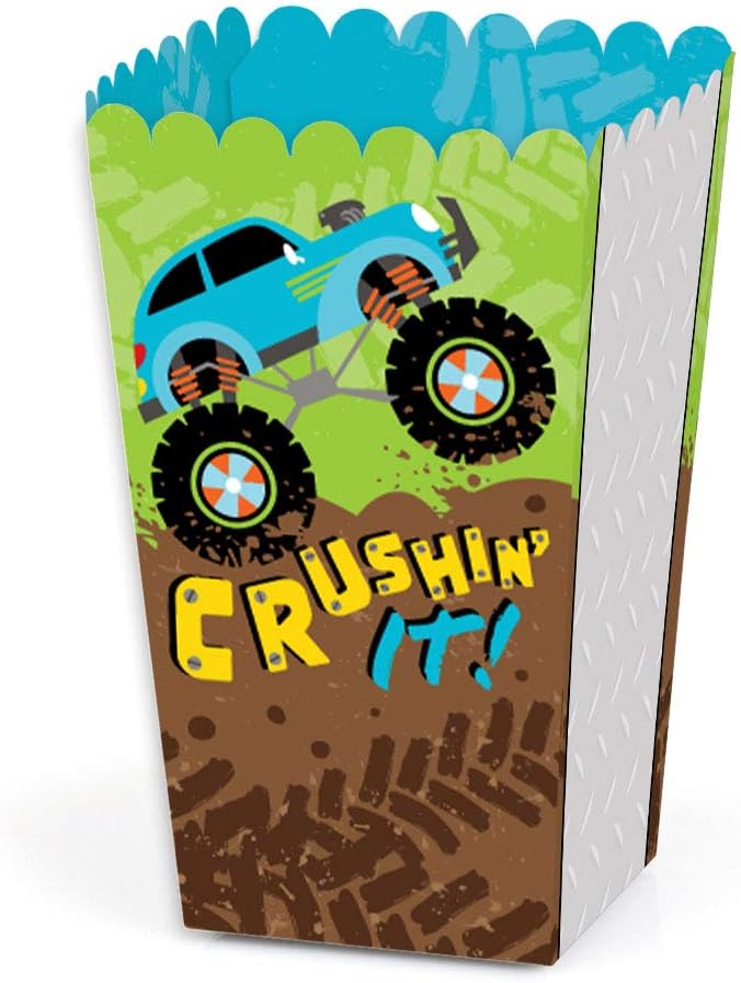 Big Dot of Happiness Smash and Crash - Monster Truck - Boy Birthday Party Favor Popcorn Treat Boxes - Set of 12