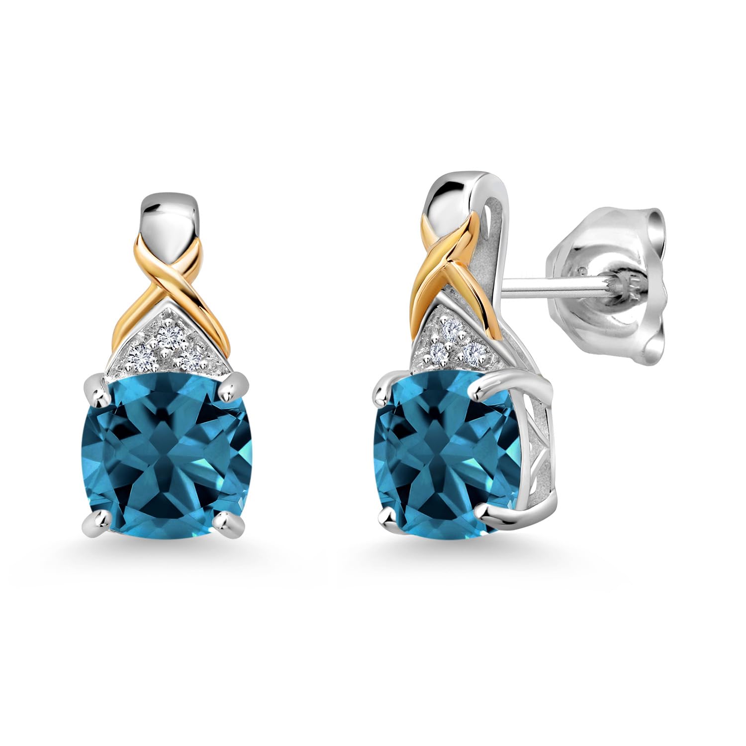 Gem Stone King 6MM Cushion Cut Earrings For Women | 925 Sterling Silver and 10K Yellow Gold | Gemstone Birthstone and White Lab Grown Diamond | Fine