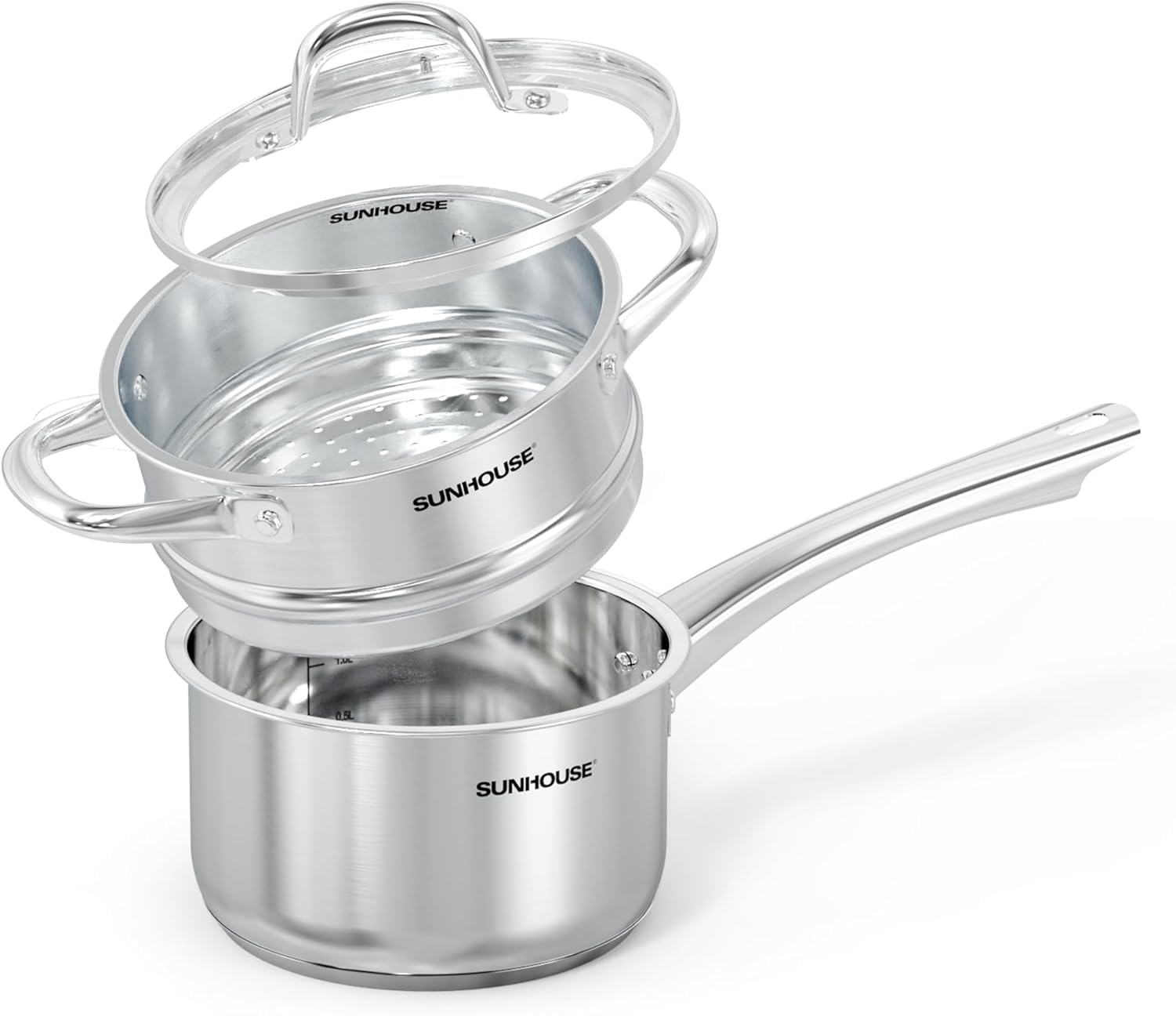View 1 of **View Clerk Notes**Sunhouse 2 QT Stainless Steel Saucepan with Steamer Basket
