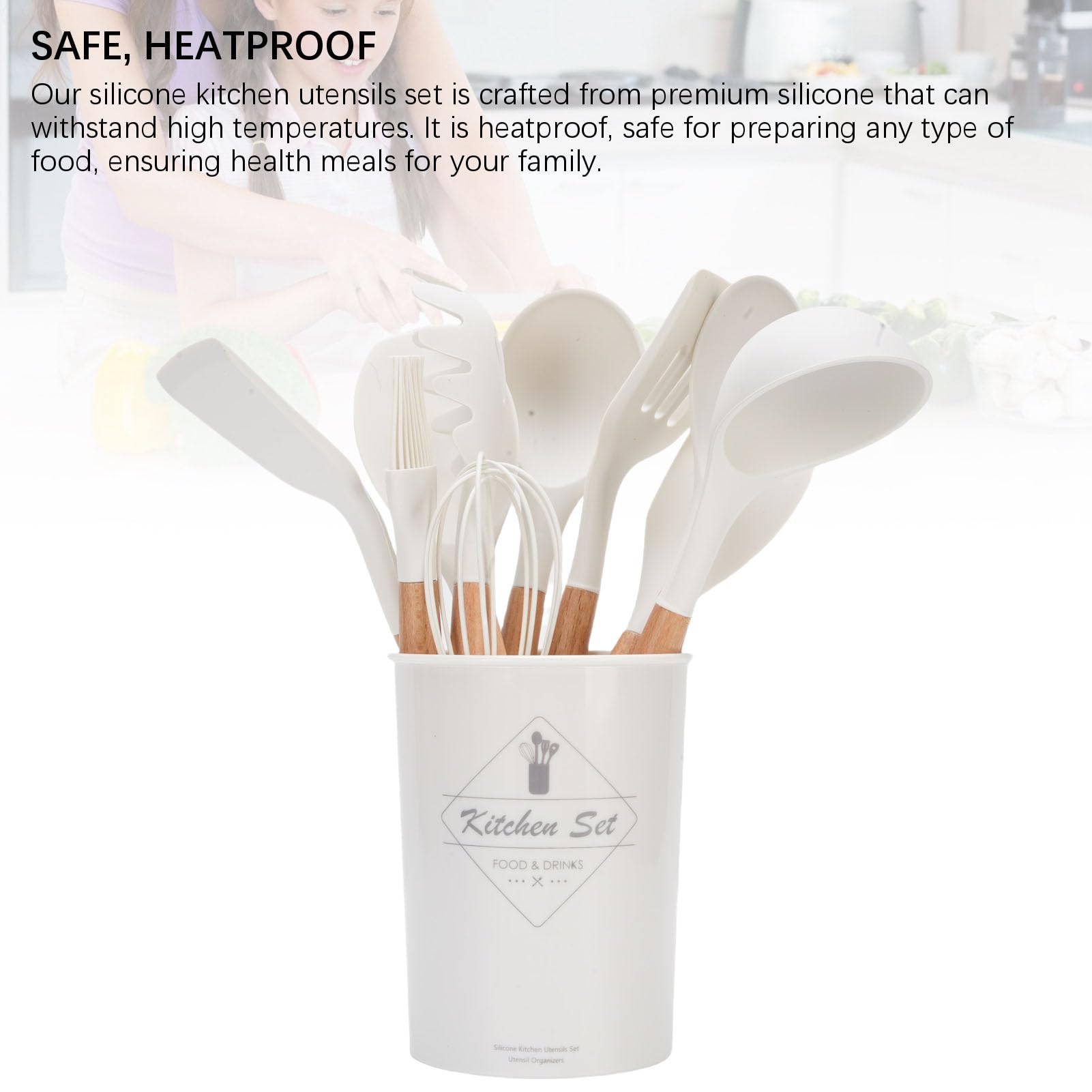 Ensemble d'Ustensiles de Cuisine en Silicone, 12 Pièces, Ustensiles de Cuisine Antiadhésifs Résistants à la Chaleur avec Manche en Bois, Ensemble de Spatules en Silicone Souple pour