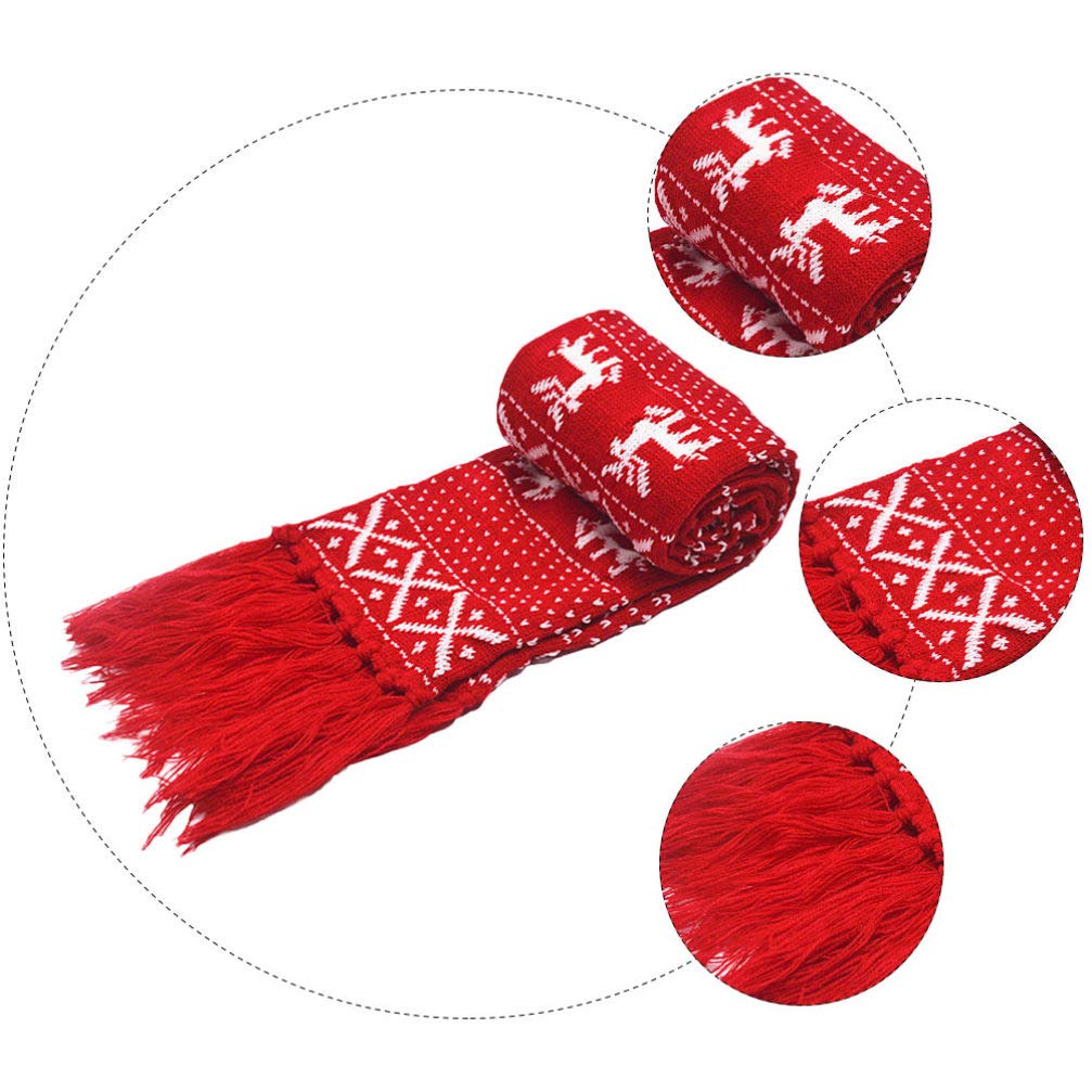 Bufanda de Navidad Navidad reno copo de nieve bufanda invierno cálido tejido rojo largo con borlas 7