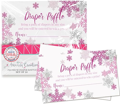 AmandaCreation - Boletos para rifas de pañales de copo de nieve rosa y plateado para baby showers, 20 tarjetas de inserción de doble cara de 2 x 3