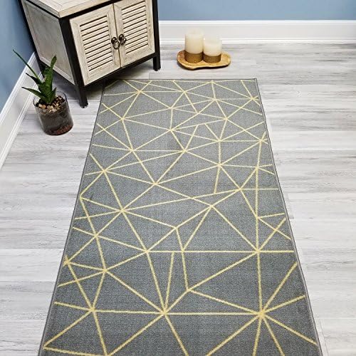 Your Choice Length Grey & Yellow Mosaic Tiles Non-Slip Rubber Backed Carpet Runner Rug | 22-inch x 5-feet