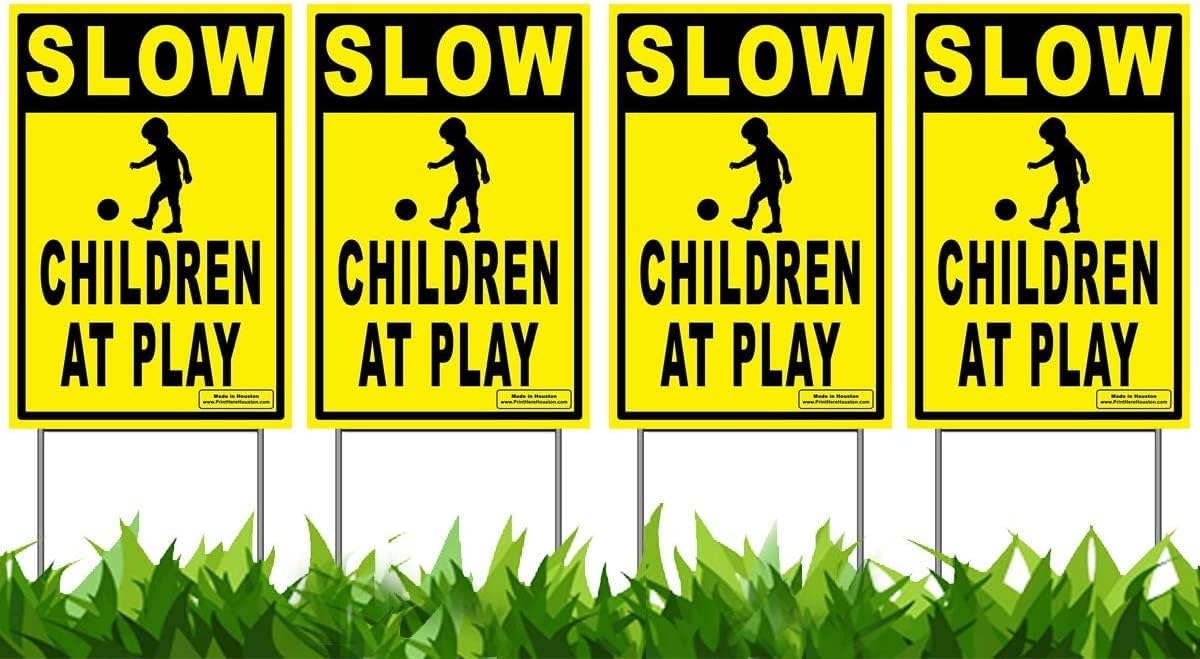 VIBE INK Pack of 4 SLOW - CHILDREN AT PLAY Double Sided Caution Yard Signs - Lawn Sign w/Metal Stakes (4 Signs) - Yellow Corrugated Plastic Sign - UV Waterproof Colors - MADE IN THE USA!