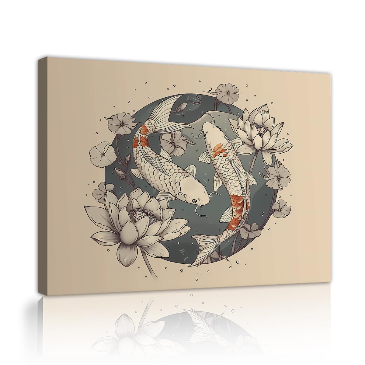 Via Vela Koi Fish Lotus Canvas Wall Art Asian Style Mural Zen Pictures Prints Poster Vintage Painting For Living Room Bedroom Decor 75x100cm Inner Frame