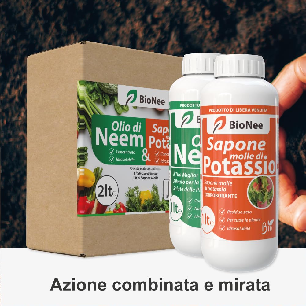 Olio di Neem - insetticida naturale biologico solubile in acqua (1 litro) + Sapone Molle di Potassio (1 litro)