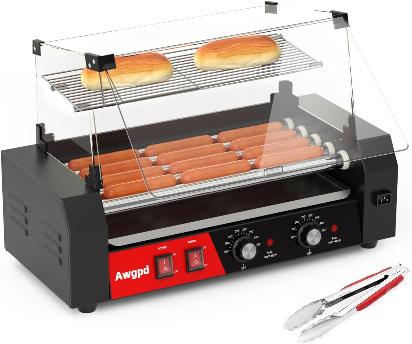 Hot Dog Roller Machine, 12 Hot Dog and 5 Non-Stick Roller, Sausage Grill Cooker Machine with Glass Cover, Drip Tray, Dual Temperature Control for Commercial and Household Use (5 Rollers+Cover)