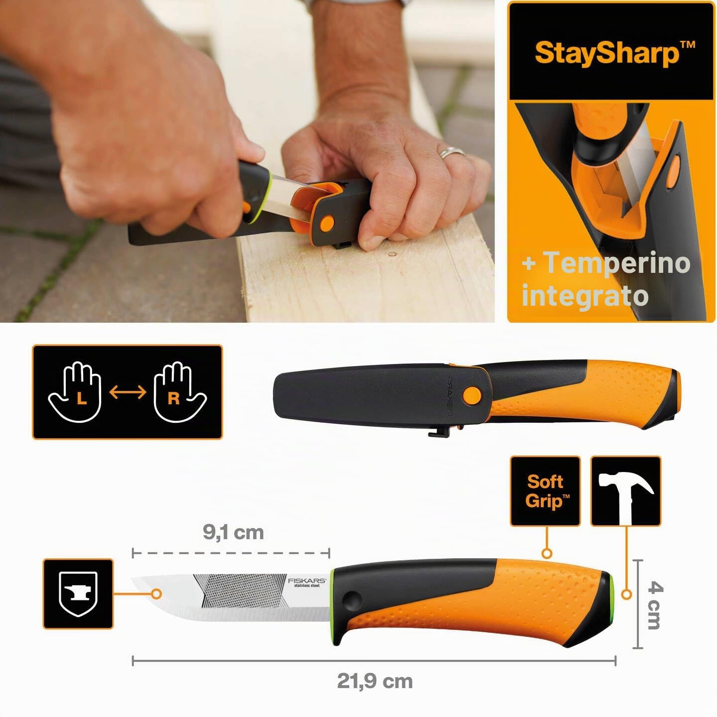 Fiskars Coltello professionale, Include fodero con affilalama, Lunghezza totale: 21,9 cm, Nero/Arancione/Verde, 1023619