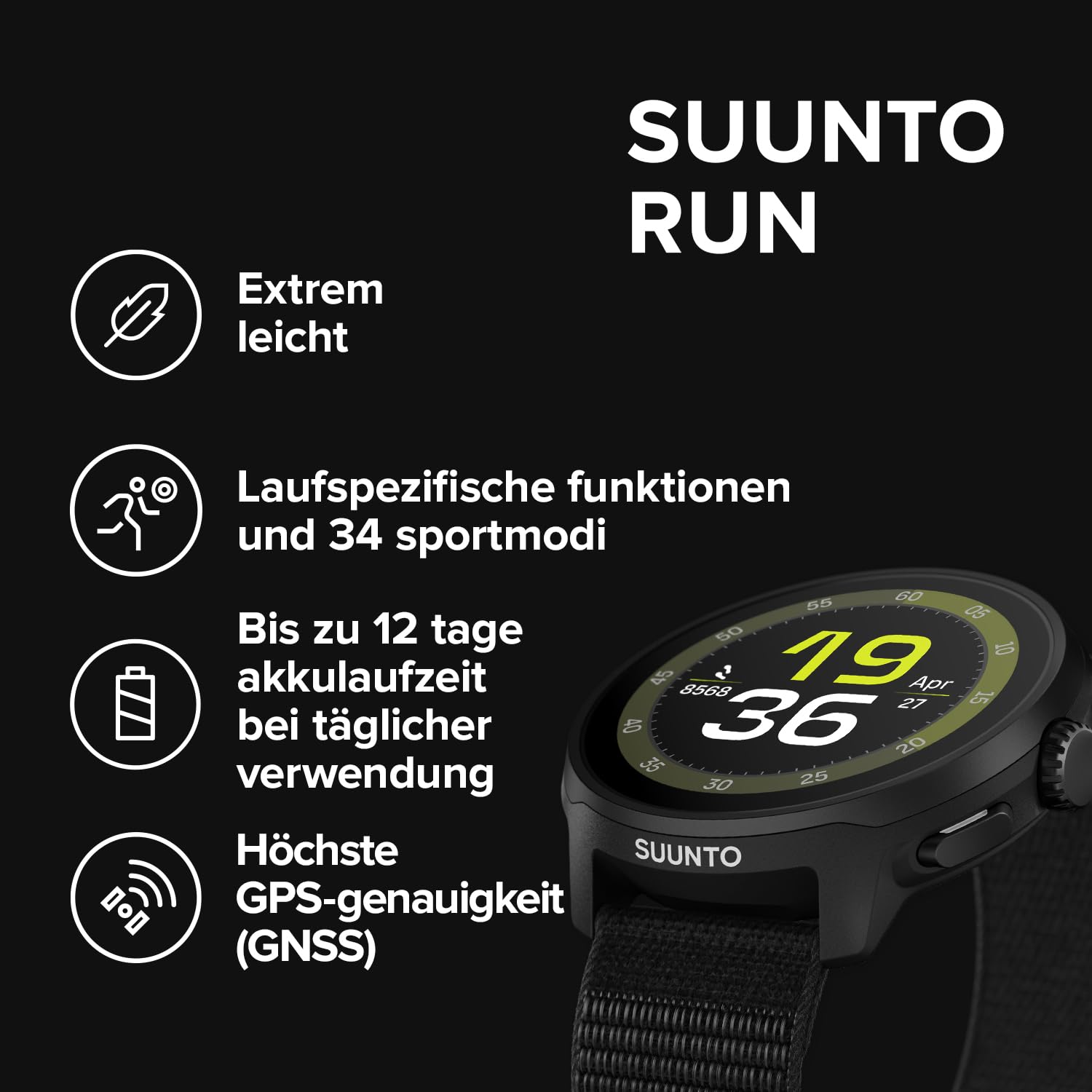 SUUNTO Run GPS-Laufuhr, 1,32" AMOLED-Touchscreen, Leichtgewicht, Multisport, Aktivitätentracker, Präzises GPS, Herzfrequenz-/Schlaf-Tracking, 12 Tage Akkulaufzeit, 4GB Offline-Musikspeicher