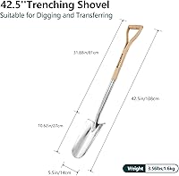 Vista 2 de Berry&Bird Pala de zanja, pala de drenaje de jardín con mango de madera, pala de plantación de jardinería de acero inoxidable de 42.5 pulgadas, pala
