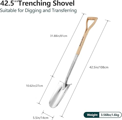 Miniatura 2 de Berry&Bird Pala de zanja, pala de drenaje de jardín con mango de madera, pala de plantación de jardinería de acero inoxidable de 42.5 pulgadas, pala