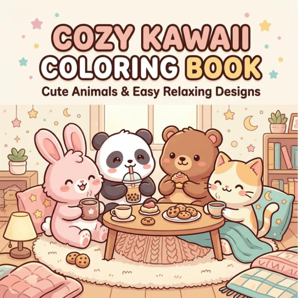 Cozy Kawaii Coloring Book | Cute Animals & Easy Relaxing Designs: Adorable Animal Friends in Cozy Scenes with Simple, Calming and Stress Relief Coloring Pages