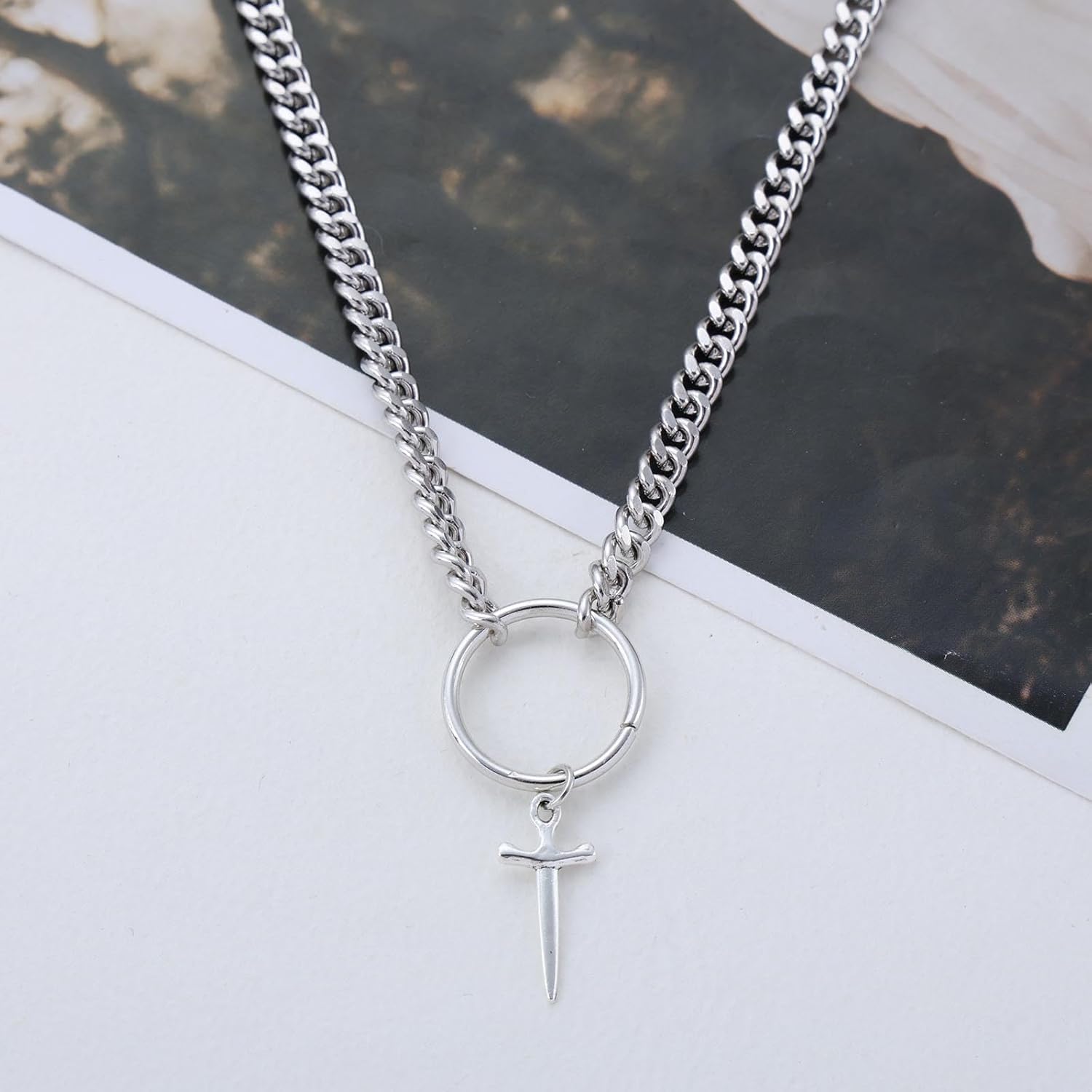 Punk Cross Sword Choker Necklace Silver Dagger Cross Pendant Necklaces Metal Knife Curb Collar Necklaces Chunky Sword Cuban Curb Chain Necklace Jewelry for Women - Image 3
