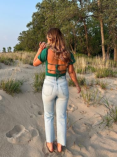 Image of oten Women's Sexy Backless Puff Sleeve Square Neck Tie Back Bodysuit Tops