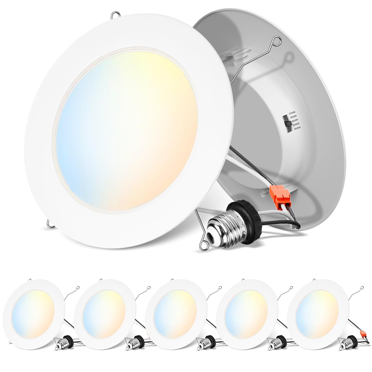 anwio recessed lighting 6 inch 5cct flat retrofit led recessed lights can needs 27003000400050006000k selectable can lights 10w120w equivalent cri 80 dimmable e26 base ic rated  etl 5 pack