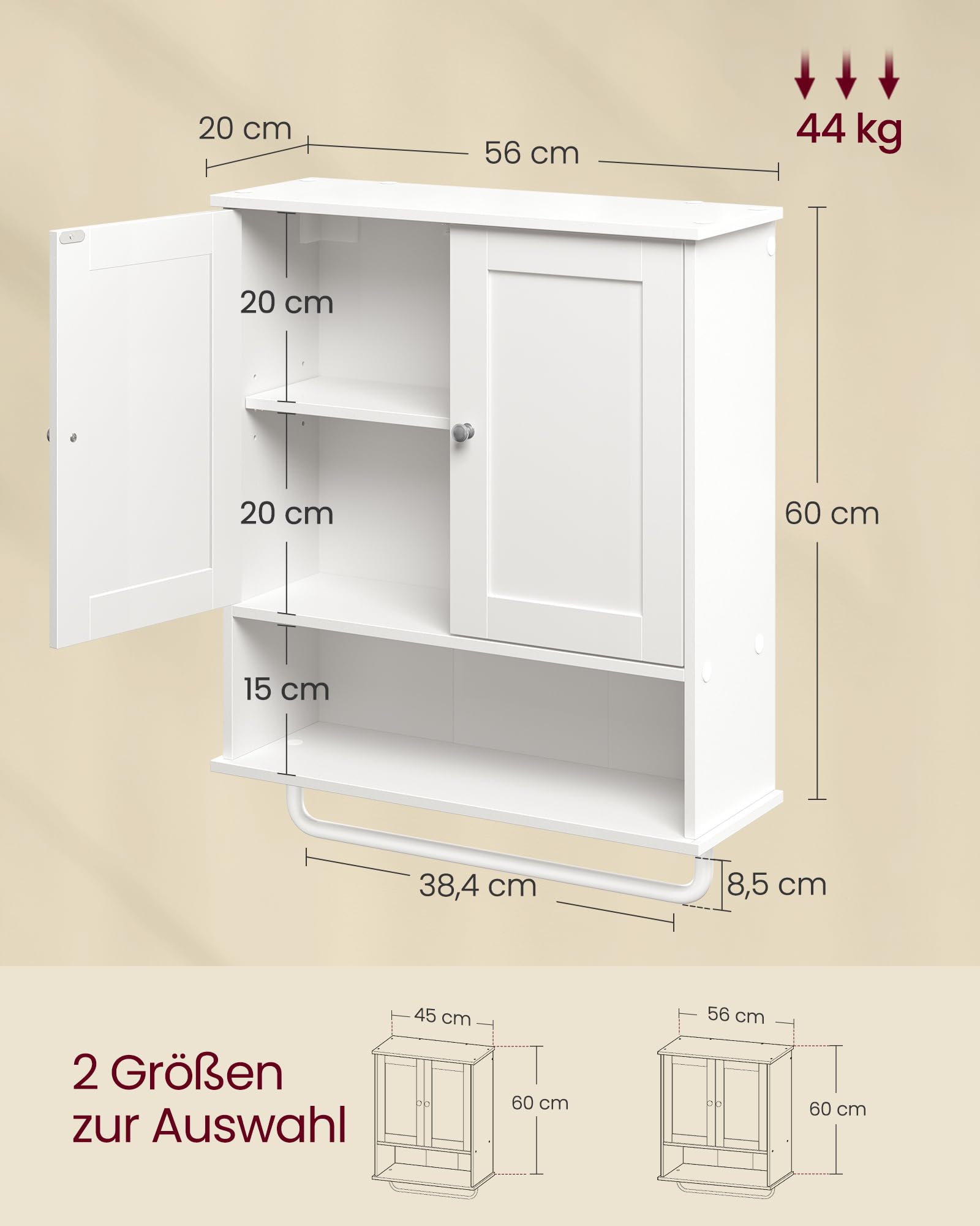 VASAGLE Hängeschrank, Badezimmerschrank mit Handtuchhalter, offenes Fach