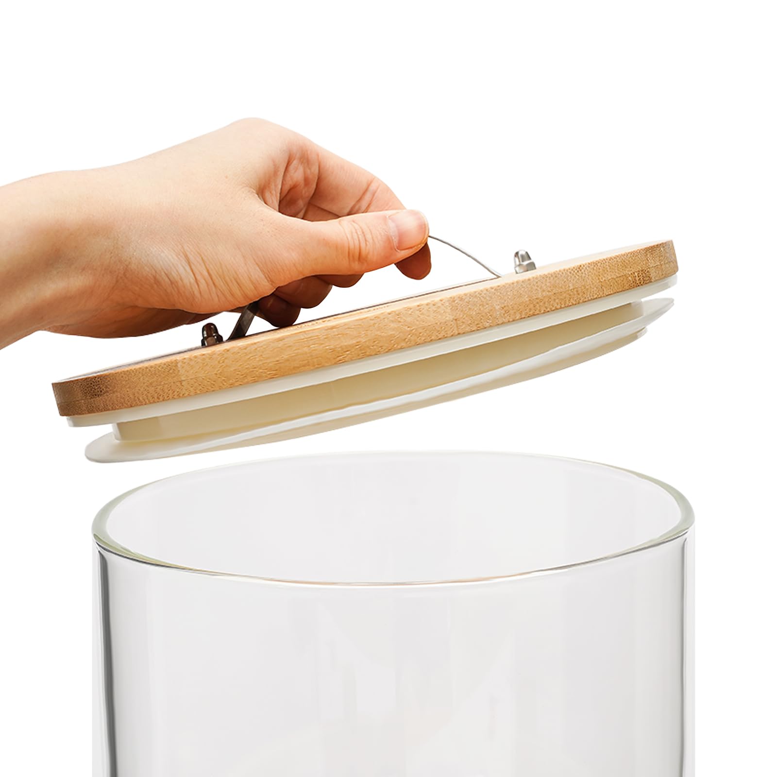 Grand distributeur de céréales en verre de 7,5 l avec couvercle en bambou et support en bois pour riz, flocons d'avoine, farine, soja