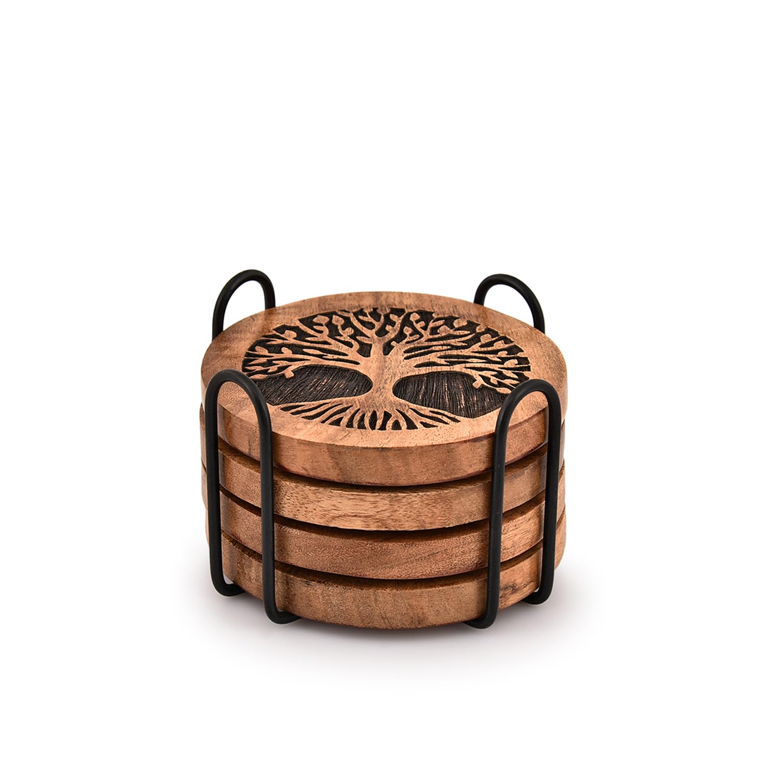 Juego de 4 posavasos redondos de madera hechos a mano para bebidas con soporte de hierro para cualquier tipo de mesa para bar, cocina, hogar, apartamento (4 x 4 x 0.5 pulgadas) 2