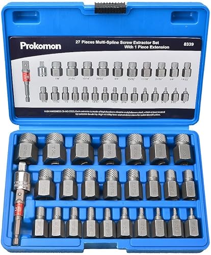 Prokomon Juego de extractor de tornillos de 27 piezas, cabezal hexagonal, multilínea de fácil salida, juego de extractor de pernos para quitar