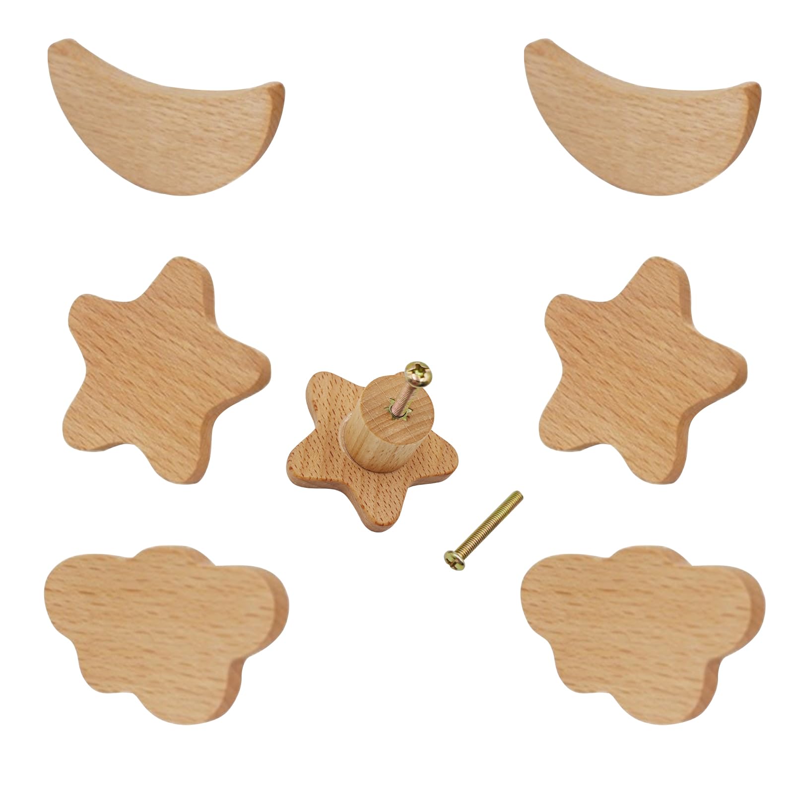 AINIUNIU Schrankknöpfe, 6 Stück Massivholz Schubladenknöpfe Kinder, Sterne, Mond, Wolken Knauf, Schrank Möbelknöpfe Kinder Mit Schrauben Möbelknopf möbelgriff aus Holz Knauf für Schrank Türknöpfe