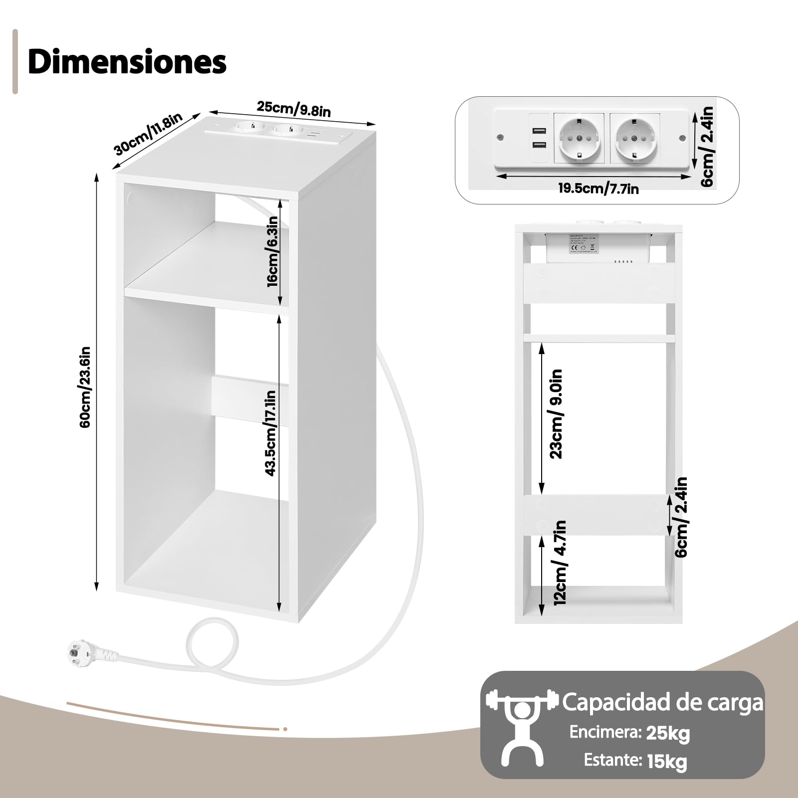 WOLTU Mesita de Noche, Mesilla de Noche con 2 Enchufes y 2 Puertos USB, Mesita Auxiliar con 2 Compartimentos Abiertos, para Salón y Dormitorio, Blanca, 25x30x60 cm, NTS06ws | Mesa auxiliar, 2 puertos USB+2 enchufes, 25 x 30 x 60 cm