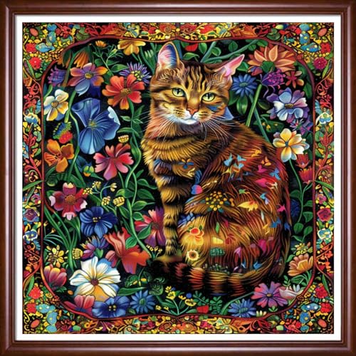 Image of DMCVIVR Stamped Cross Stitch Kits for Beginners Adults Needlepoint Kits for Beginners Embroidery Kits for Adults Crossstitch Kit for Beginners 11CT-Colorful Cat Flowers 18x18 inch