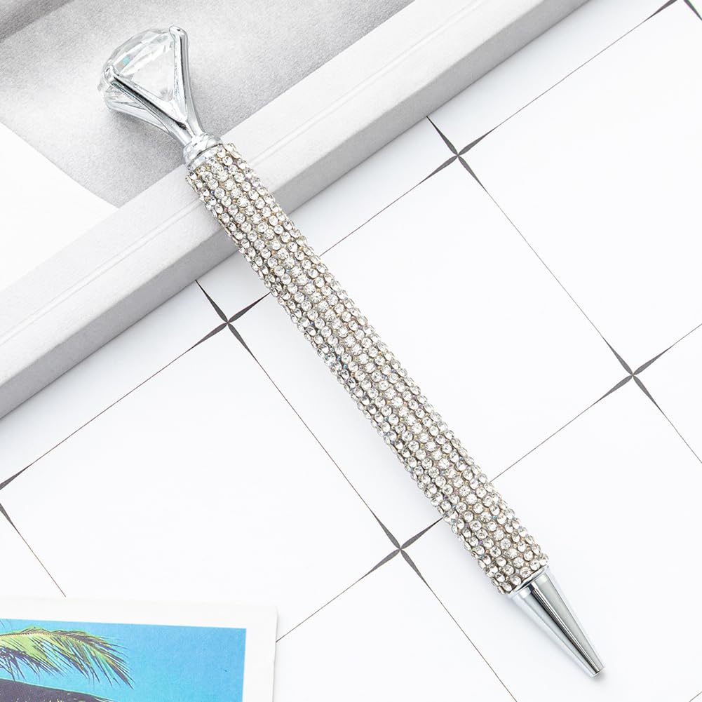 4 Pcs Diamond Crystal Ballpoint Pen Set including Bling Rhinestone - Large Metal Wedding and Bridal Shower Black Ink Pens in Silver - Image 3