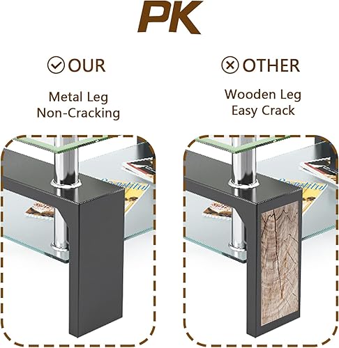 Miniatura 6 de Mesa auxiliar rectangular de cristal con patas de tubo de metal mesa auxiliar de 2 niveles mesa auxiliar moderna para sala de estar color negro