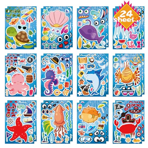 Lot de 24 feuilles d'autocollants d'animaux marins de 21 x 15 cm pour enfants et tout-petits