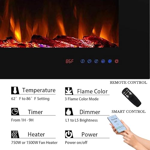 Miniatura 9 de Masarflame Inserto de chimenea eléctrica empotrada de 42 pulgadas, 5 ajustes de llama, juego de troncos u opciones de cristal, control de