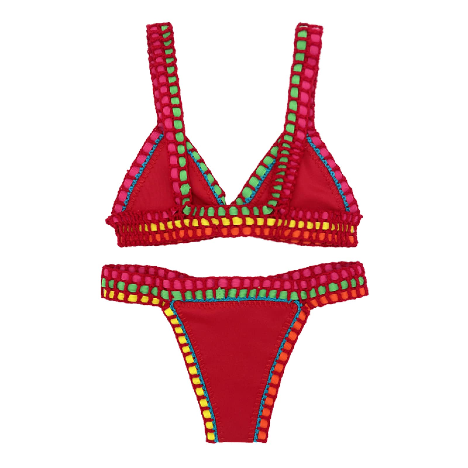 Summer Fashion Plus Size Swimsuit Sexy Handmade Crochet Bikini Set Red Split Stroje Kąpielowe Backless Bielizna Odzież