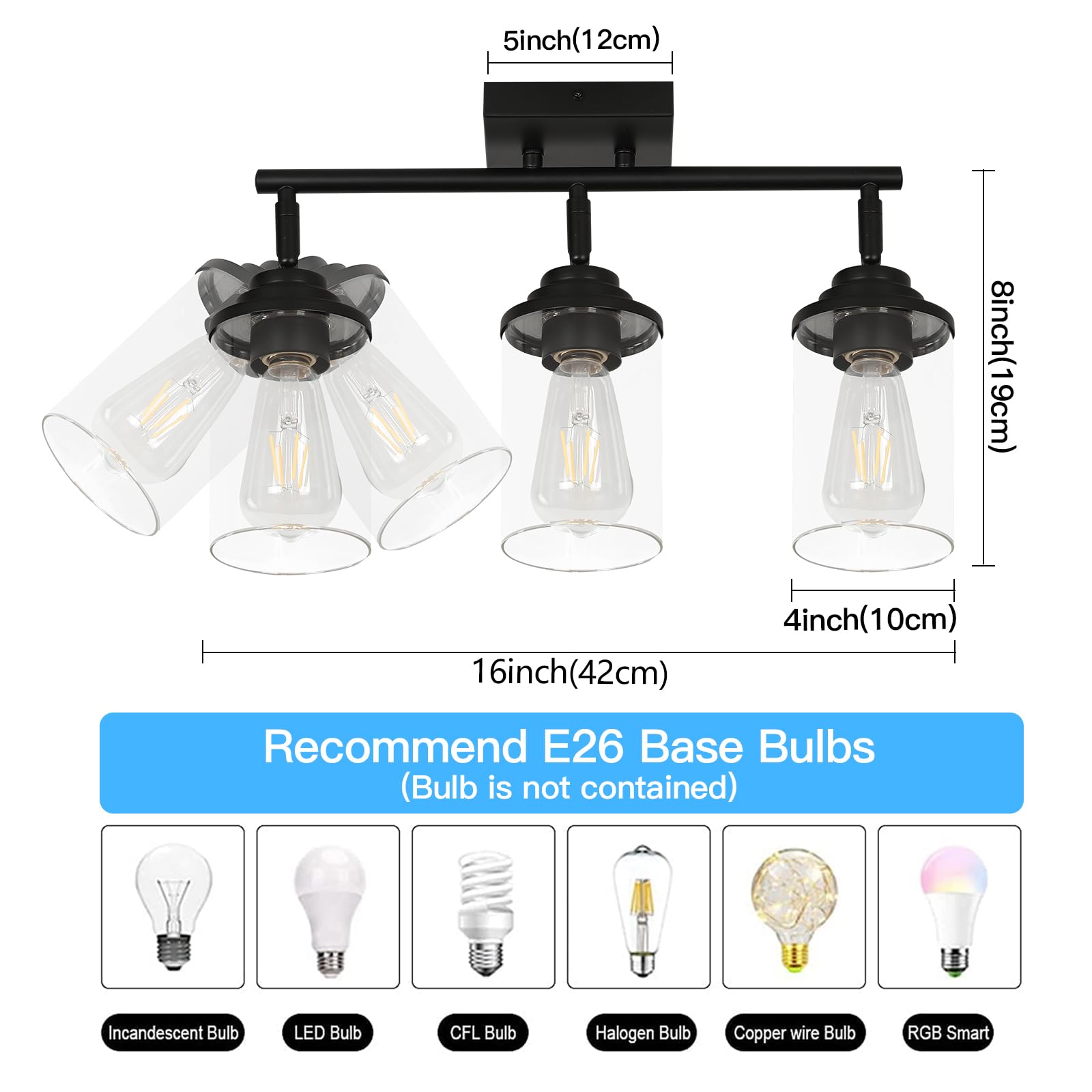 SEEBLEN 3-Light Track Lighting Fixtures Ceiling Spot Light,Black Wall Mount/Ceiling Light with Clear Rotatable Glass Shade,Industrial Bathroom Light for Kitchen Hallway Living Room
