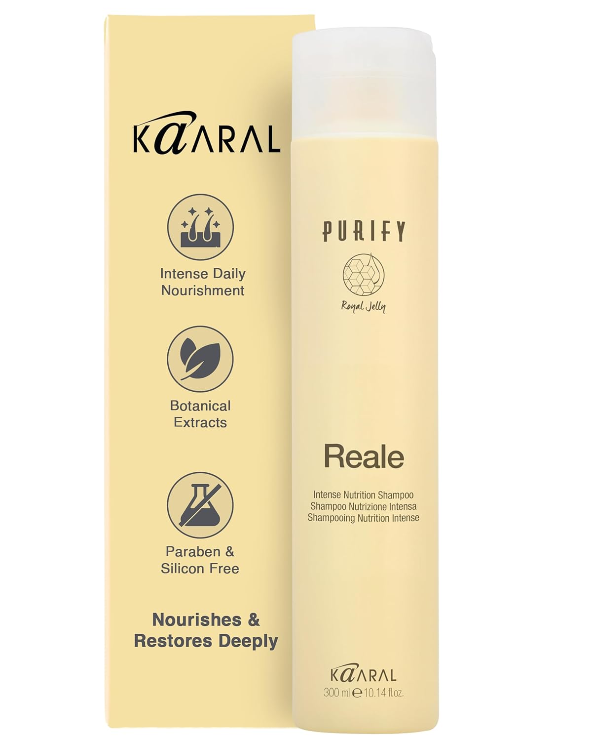 Kaaral Purify Reale Intense Nutrition Shampoo – Moisturizing Formula for Dry, Damaged Hair – Supports Natural Growth, Scalp Care, and Softness – With Royal Jelly, Limnanthes Oil, Olive Oil – 300 ml