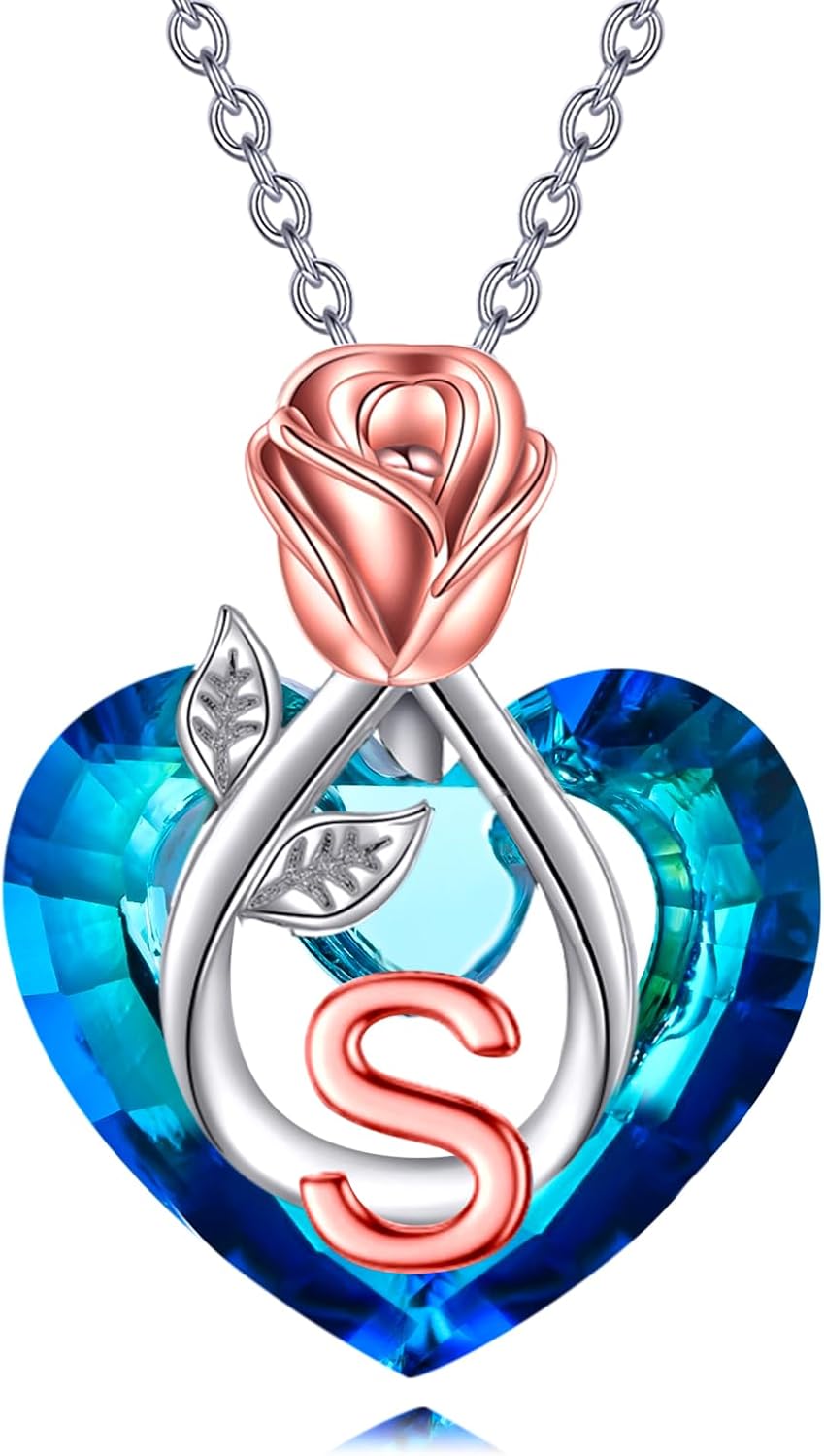 POPKIMI Rose Flower Initial A-Z Letter Necklace 925 Sterling Silver Initial Necklace with Crystal Anniversary Valentines Day Birthday Jewelry Gifts for Women Mom Her Wife Girlfriend Daughter