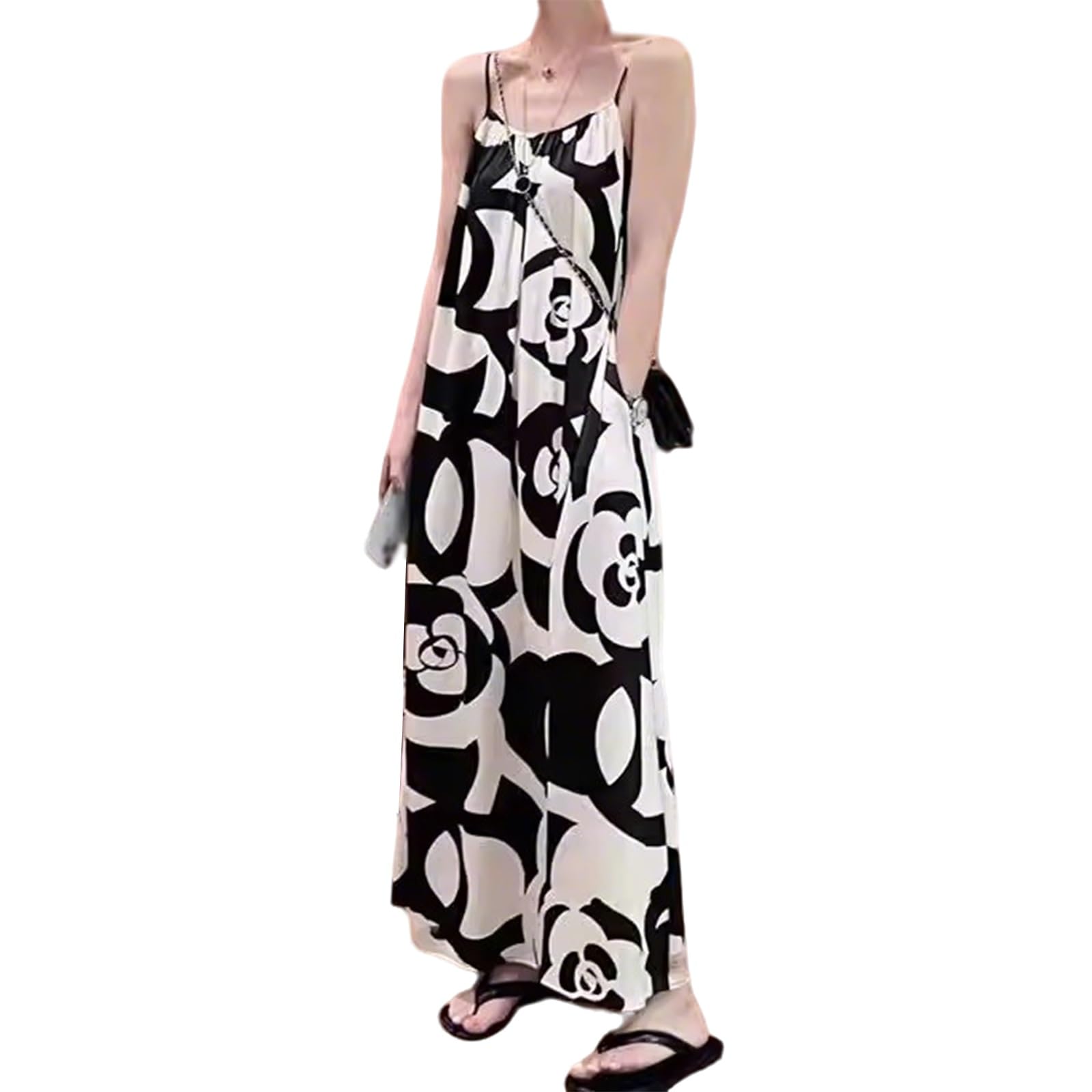 Abito Lungo con Spalline A Camelia Bianco E Nero, Abito da Spiaggia Estivo Francese con Scollo A V, Design Scollato